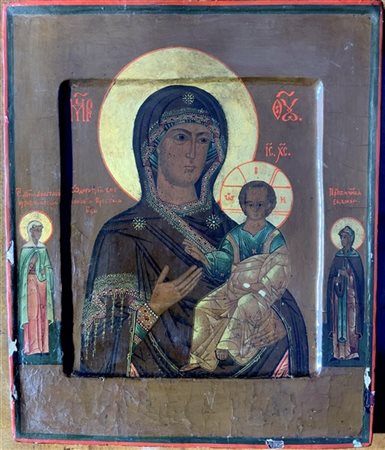 Icona ad olio su tavola raffigurante Madonna odigitria. Russia, secolo XIX (cm