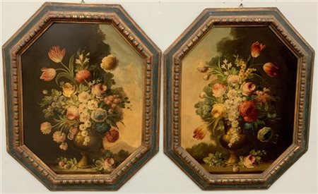 Ignoto "Nature morte di fiori" coppia di dipinti ad olio su 