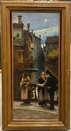 Alla maniera di Angelo Dall'Oca Bianca "Sul ponte" olio su tela (cm 100x45) Rec