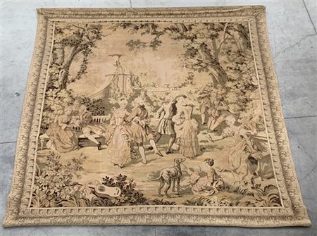 Arazzo meccanico raffigurante scena galante con dame, cavalieri e musici in un