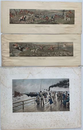 Lotto composto da quattro stampe a colori raffiguranti scene di caccia alla vol