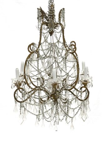 Lampadario a cesto a sette fiamme decorato da pendagli in vetro soffiato e cris