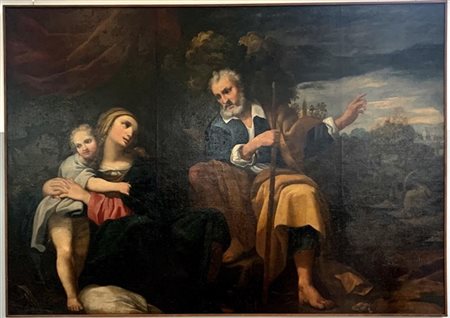Scuola emiliana del secolo XVII "Riposo durante la fuga in Egitto" olio su tela