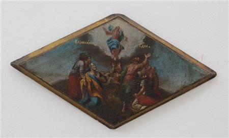 Icona ad olio su tavola di forma romboidale raffigurante la Resurrezione di Cri