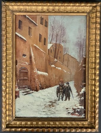 G. Stefani "Vicolo di paese innevato" olio su cartone pressato (cm 35x25) Firmat