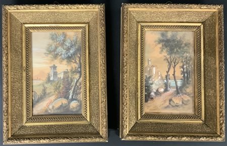 Ignoto "Paesaggi" coppia di acquarelli (cm 21x13) in cornici di legno e pastigl