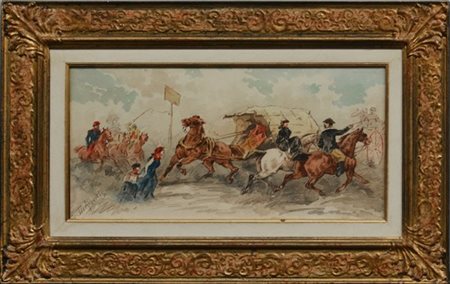 De Albertis "Scena con figure e cavalli" acquerello su carta (cm 26x51)