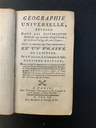BUFFIER, P. Geographie universelle. Parigi: Pierre-Francois Giffart, 1760. Nume