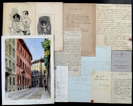 [MILANO - INCISORI E PITTORI]. Lotto di documenti, autografi e opere dedicate a