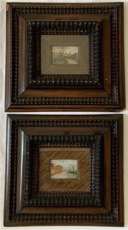 Mario Menichetti Coppia di miniature ad olio su tavola raffiguranti "Paesaggi" (