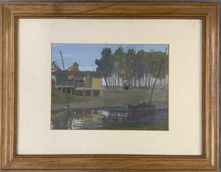 Firma indecifrata "Festa nel capanno" tempera su carta (cm 25x33) firmata e dat