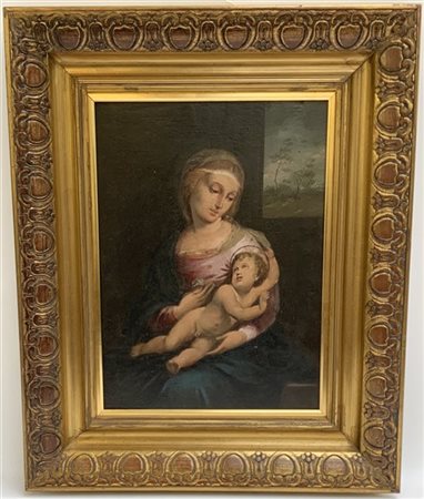 Ignoto, da Raffaello "Madonna con Bambino" antico dipinto ad olio su tavola (cm