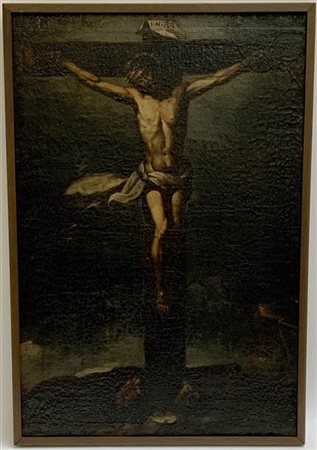 Scuola del secolo XVIII "Cristo in croce" olio su tela (cm 74x54). In cornice