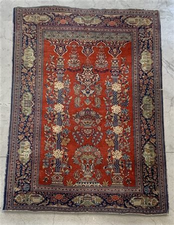 Tappeto Preghiera Keshan, Persia, secolo XX, Mirab, decorato con lampade votive