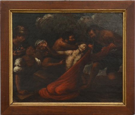 Ignoto "La spoliazione di Cristo" antico dipinto ad olio su tavola (cm 34x42,5)