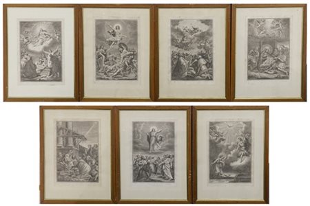 Gruppo di sette antiche incisioni raffiguranti scene religiose (cm 30x20) in co