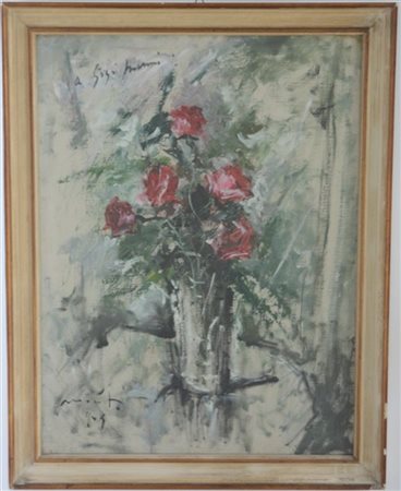 Cesarino Monti "Vaso di rose" olio su tela (cm 84x63) Firmato e datato in basso