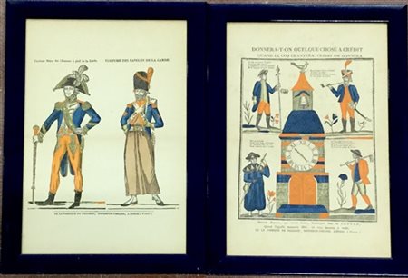 Coppia di stampe acquerellate raffiguranti soldati in cornice. (fogli cm 51x33