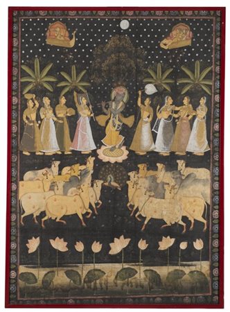 Dipinto policromo raffigurante divinità indiana con flauto, accompagnata da fig