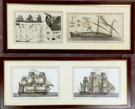 Lotto di quattro incisioni colorate a soggetto nautico. Epoche e misure differe