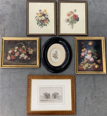 Lotto composto da cinque riproduzioni raffiguranti fiori ed una stampa raffigur