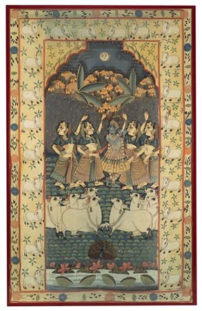 Dipinto policromo raffigurante divinità e figure femminili danzanti, bordato co