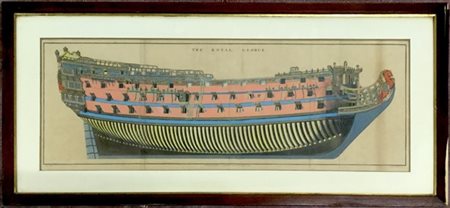 Incisione inglese acquerellata raffigurante la nave Royal George (battuta cm 29