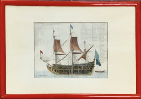 Claude Randon, incisione francese acquerellata raffigurante la sezione di una n