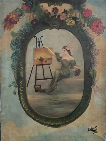 Merle "Allegoria della pittura" 1908, olio su tela (cm 100x75) Firmato e datato