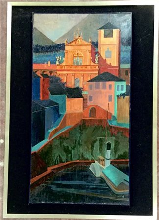 Mario Tedeschi "Chiesa di Miasino al tramonto" olio su tela (cm 100x50). In corn