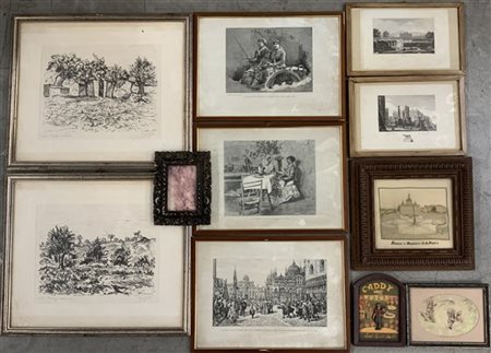 Cartone contenente stampe e litografie di autori differenti, in cornici (difett