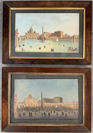 Ignoto "Piazza San Pietro di giorno e di notte" coppia di guache su carta (cm 2