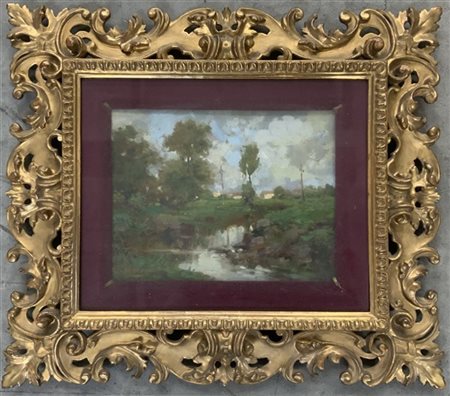Anacleto Moiraghi "Paesaggio lombardo" olio su cartoncino (cm 18x25) firmato in