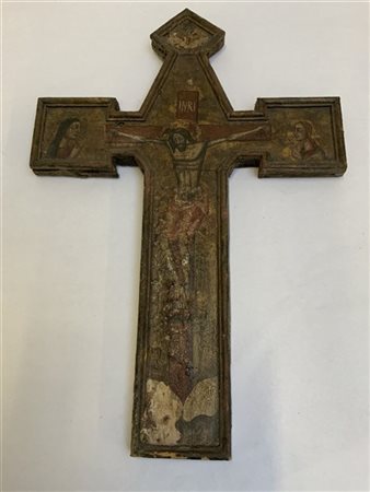 Antico crocifisso in legno dipinto in policromia (cm 42x62) (difetti)