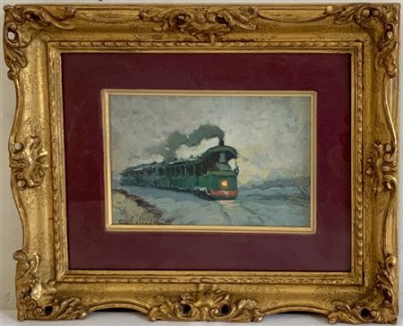 Giuseppe Solenghi "Il treno" olio su tavola (cm 13x18) Firmato in basso a sinist