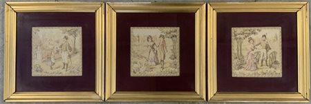 Lotto di tre arazzetti raffiguranti scene galanti napoleoniche in paesaggi con