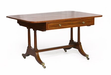 Tavolo scrittoio in noce filettato in legno chiaro,a due cassetti nella fascia,