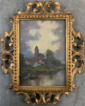 Ignoto "Paesaggio fluviale" olio su compensato (cm 24.5x17.5) in cornice