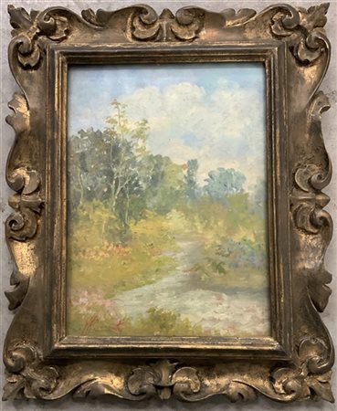 Nicola Laurenti "Paesaggio" olio su cartoncino (cm 24x18) firmato in basso a sin