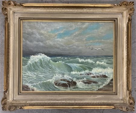 Firma indecifrata "Mareggiata e gabbiani" olio su masonite (cm 33x44) Firmato i