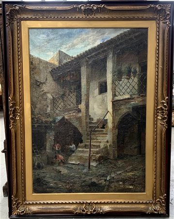 Michele Cammarano "Cortile" olio su tela (cm 73x51) Al retro: iscrizione per aut