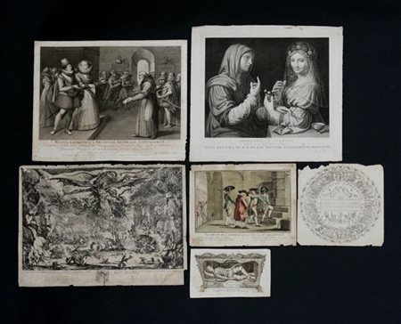 Lotto di 6 incisioni antiche di diversa misura tra le quali ''Le tentazioni di
