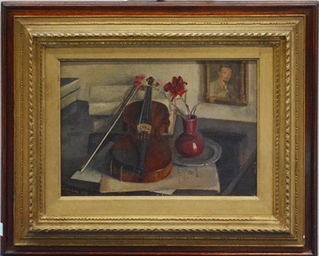 Ernesto Pirovano "Natura morta con violino"957, olio su cartone telato (cm 25x35