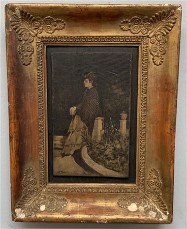 Da Domenico Morelli "Donna nel parco" olio su tela applicata a tavola (cm 24x15