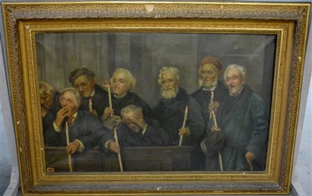 Ignoto fine XIX Secolo "La veglia" olio su tela (cm 87x140) In cornice (difetti