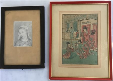 Lotto composto da una stampa giapponese della fine del secolo XIX (cm 27x19) e