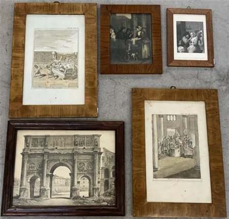 Lotto composto da cinque incisioni di diversa epoca e decori. In cornici (difet