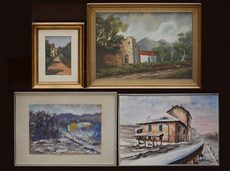 Lotto di quattro dipinti raffiguranti "Paesaggi" Autori, tecniche ed dimensioni