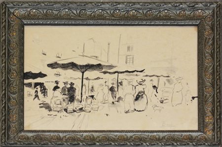 Firma indecifrata "Figure in piazza" disegno ad acquarello