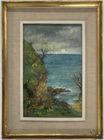 Vittorio Gussoni "Paesaggio costiero" olio su compensato (cm 38,5x24,5) Firmato